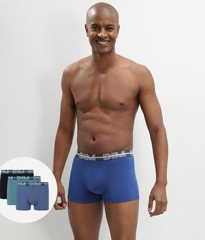 Dim Powerful 3 pack stretch cotton trunks in blue and black with contrast waistband