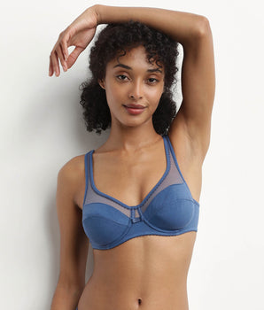 Full cup bra in organic cotton and plumetis tulle in Blue Gray Generous