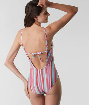 One-piece swimming costume in Lurex and microfibre in multicoloured stripe print