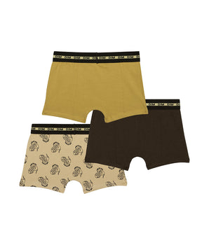 Fashion Cotton Stretch Pack of 3 Khaki Mustard boys' boxers with lion motif