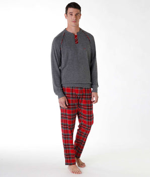 Men's long pyjamas in cotton interlock and flannel, grey and red