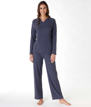 Women's long pyjamas in warm grey-blue ribbing