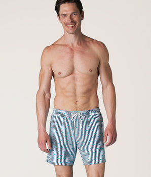 White swimming shorts with blue stripes