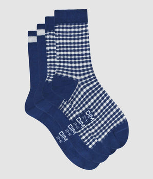 Pack of 2 pairs of women's socks with gingham pattern in Blue Dim Cotton Style