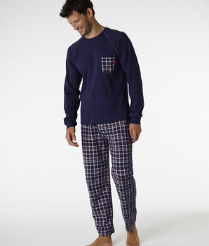 Men's cotton pyjamas in navy blue and check print