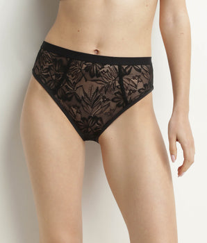 High-waisted black lace panties with Mod foliage by Dim