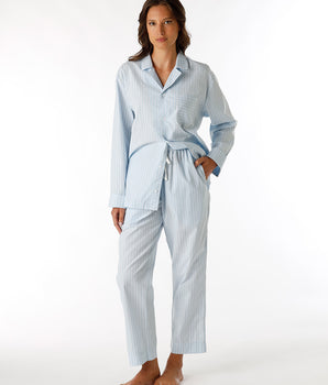 Unisex Blue Striped Cotton Canvas Long Pajama Set