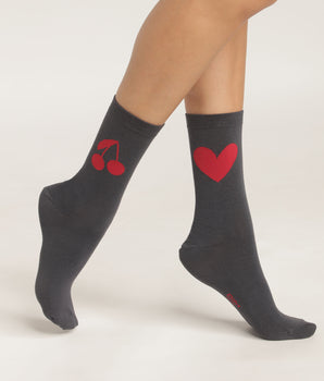 Dim Bamboo heart and cherry pattern socks for women, Dark Grey