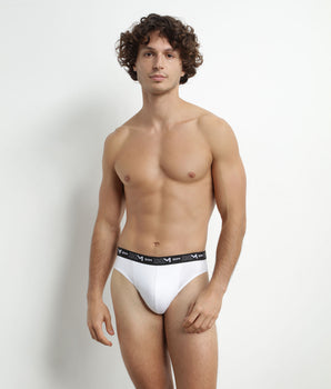 Pack of 2 Men's White Grey Contrast Waistband Dim Cotton Stretch Briefs