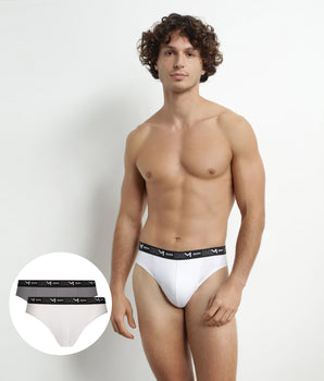 Pack of 2 Men's White Grey Contrast Waistband Dim Cotton Stretch Briefs