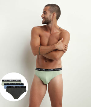 Pack of 3 men's briefs in Pistachio Blue Black Heather Dim Coton Stretch