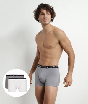 Pack of 2 Men's Boxers White Grey Contrast Waistband Dim Cotton Stretch