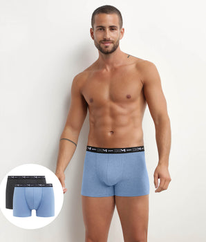 Dim Coton Stretch Cornflower and Black men's boxer shorts with contrasting waistband