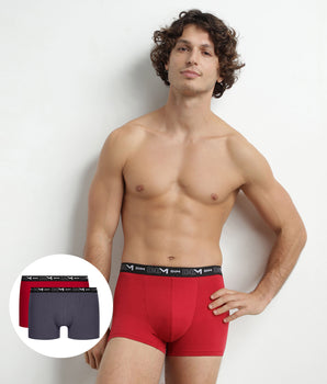 Pack of 2 Men's Grey Red Boxers with Contrast Waistband Dim Cotton Stretch