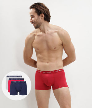 Cotton Stretch pack of 3 men's trunks in denim blue topaz red and steel grey